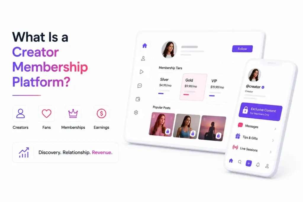 How Does a Creator Membership Platform Combine Discovery, Memberships, and Paid Content? 1 Creator membership platform showing creators, fans, membership tiers, exclusive content, earnings, and discovery features.