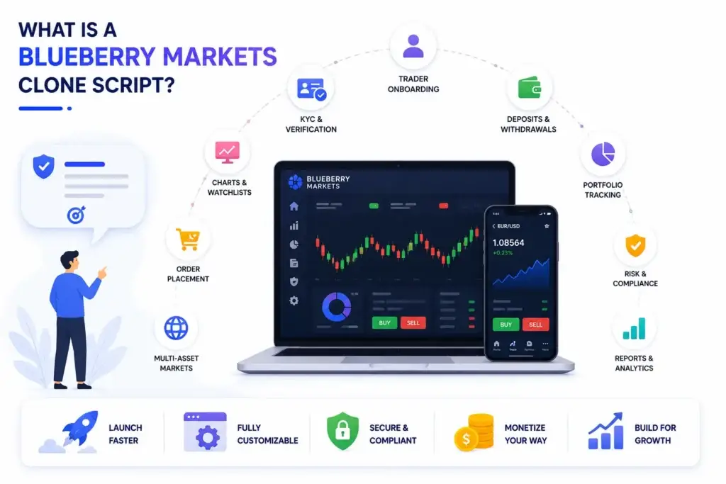 Blueberry Markets Clone Script Features and Pricing: Build a Modern Trading Platform in 2026 1 Blueberry Markets clone script showing trader onboarding, KYC, deposits, portfolio tracking, order placement, analytics, and risk controls