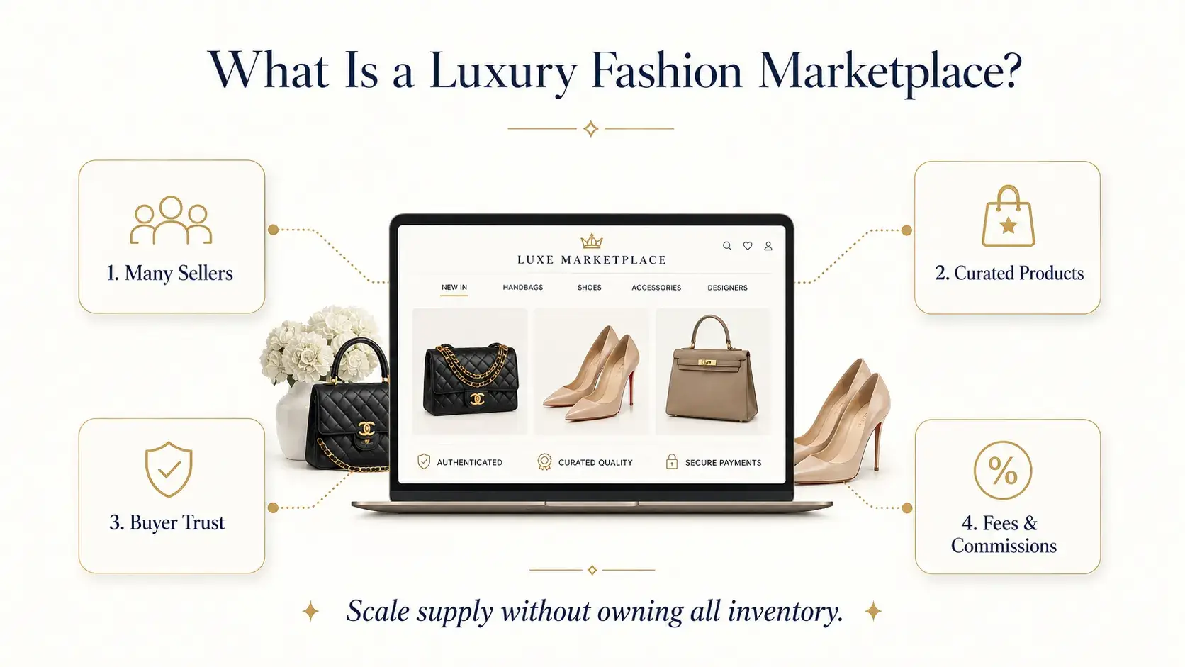Luxury Fashion Marketplace vs Traditional Fashion E-Commerce: Which Model Is Better for Founders? 1 Luxury fashion marketplace showing multiple sellers, curated products, buyer trust, secure payments, and commission-based revenue