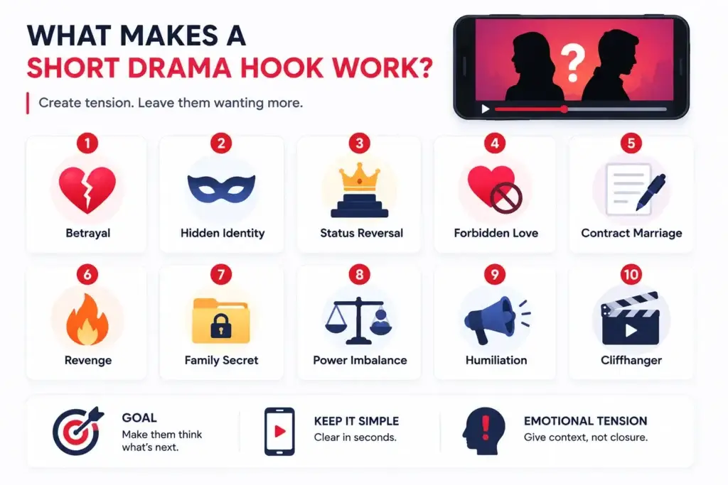 How to Test Short Drama Story Hooks Before Scaling a Vertical Entertainment App 1 Short Drama Story Hook testing elements including betrayal, hidden identity, status reversal, forbidden love, contract marriage, revenge, family secrets, power imbalance, humiliation, and cliffhangers
