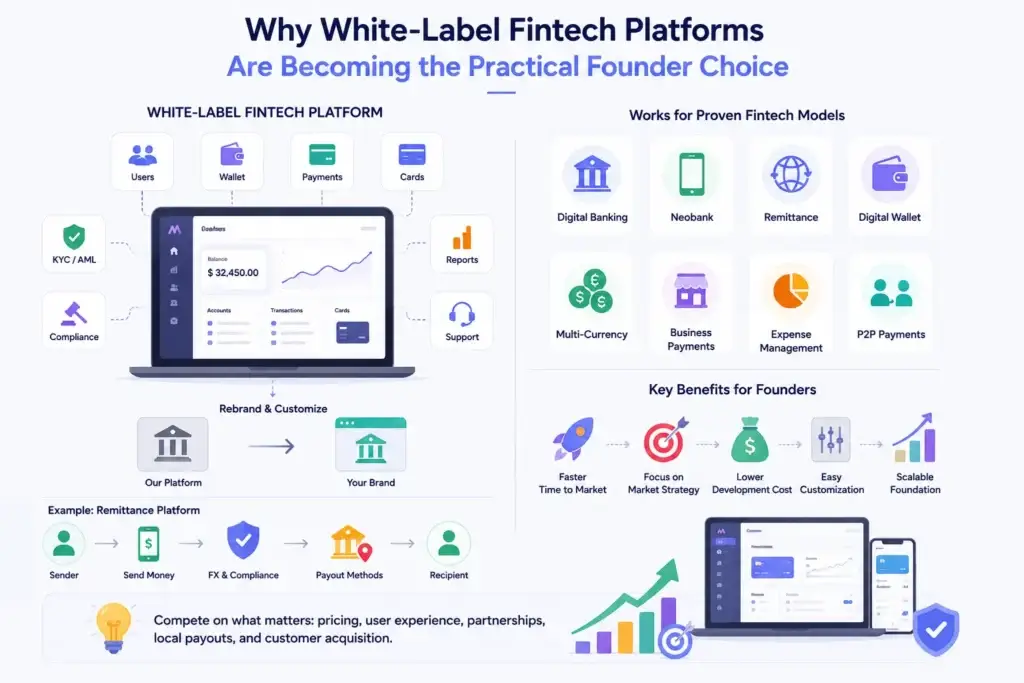 Why Are Fintech Startups Choosing White-Label Platforms Instead of Building Core Infrastructure From Scratch? 1 White-label fintech platform showing digital banking, neobank, remittance, wallets, payments, KYC, compliance, customization, and scalable fintech growth