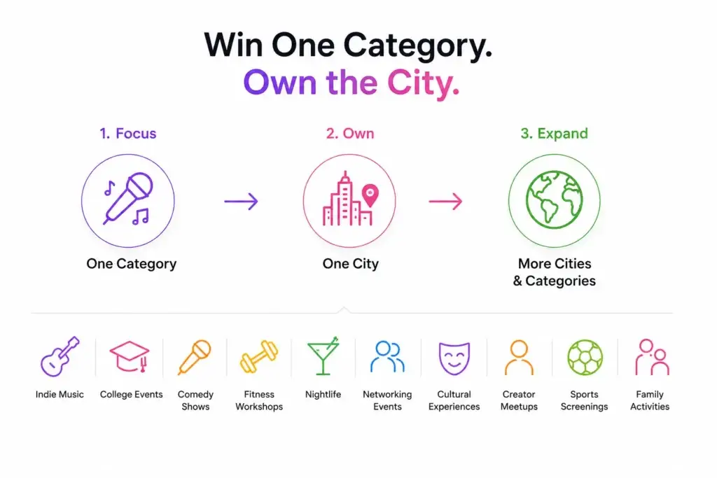 What Is the Best Go-to-Market Strategy for a New Ticketing and Event Discovery Platform? 1 Go-to-market strategy showing how an event discovery platform can focus on one category, own one city, and expand into more cities and event categories