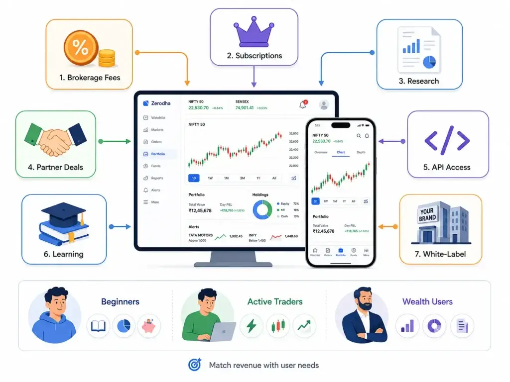 Zerodha Clone vs Traditional Brokerage Software: Comparing Control, APIs, Scalability, and Product Flexibility 2 Zerodha clone monetization model showing brokerage fees, subscriptions, research, partner deals, API access, learning, and white-label revenue streams