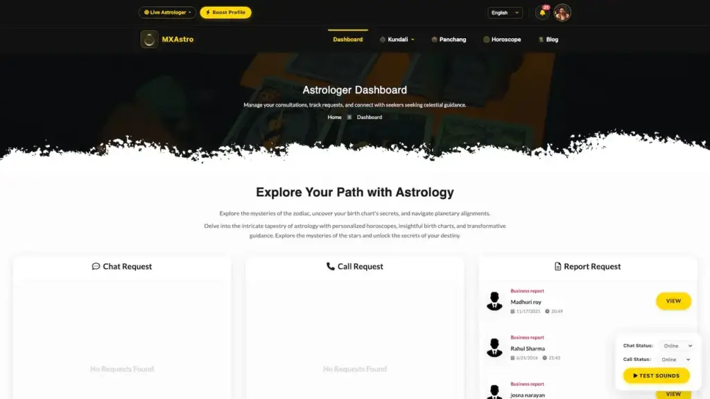 AstroSage Clone 59 Astrologer dashboard for managing chat, call, consultation and astrology report requests, in the Astrotalk and AstroSage clone platform.