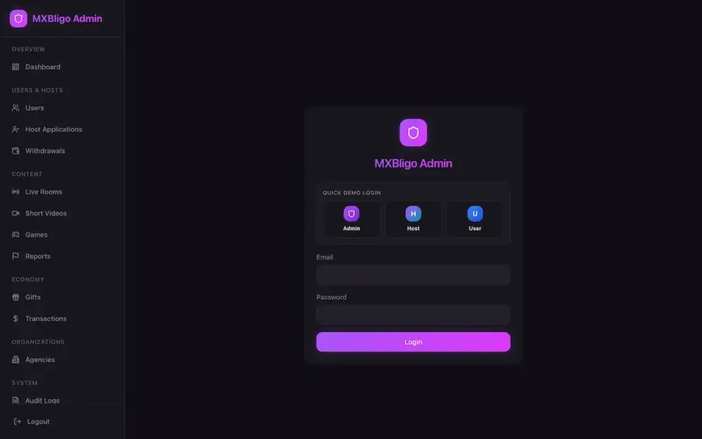 White Label Live Streaming App 36 Bigo Live clone administration login with audience, host, and agency roles