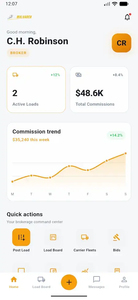 White Label Load Board Software 44 DAT load board broker mobile dashboard with active loads, commission trend, and quick actions