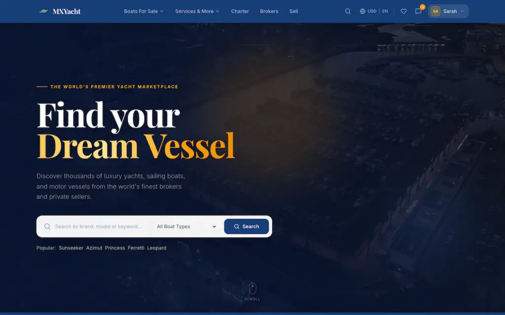 White Label Yacht Marketplace 55 YachtWorld clone desktop marketplace home with Find Your Dream Vessel search hero