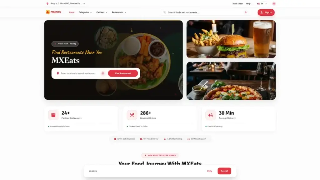 ChowNow Clone 59 UberEats Clone Customer Desktop Home showing food-delivery search hero, restaurant imagery, service metrics and location finder