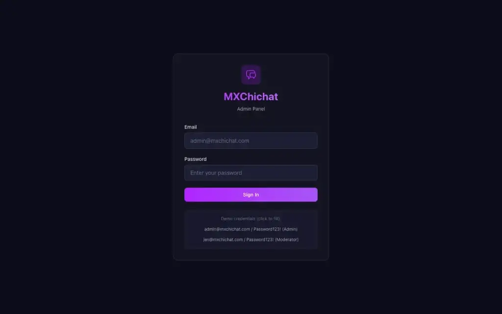 ChillChat admin login screen with email and password fields