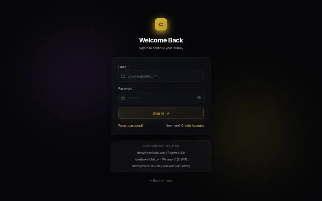 ChillChat web sign-in screen with email, password, social login, and account registration options