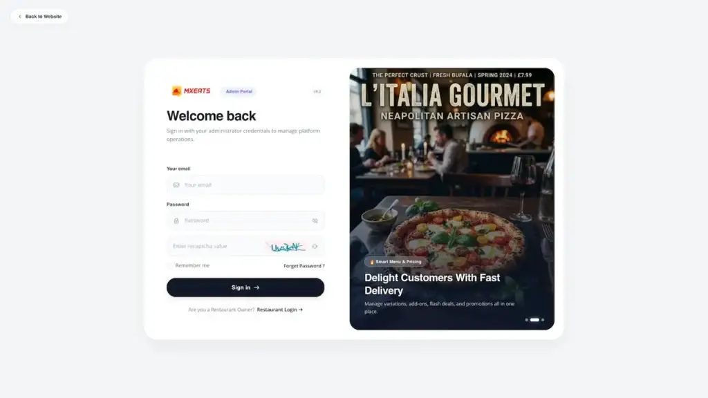 ChowNow Clone 51 UberEats Clone Admin Login showing a secure sign-in form beside a restaurant delivery promotional panel