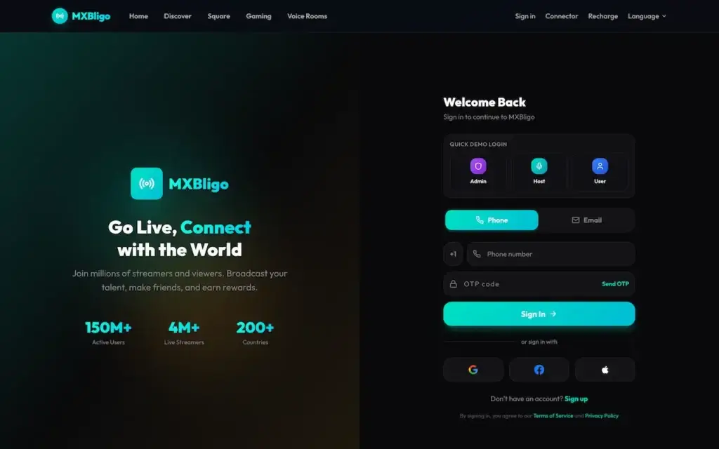White Label Live Streaming App 30 Bigo Live clone web login with audience, host, and agency account options