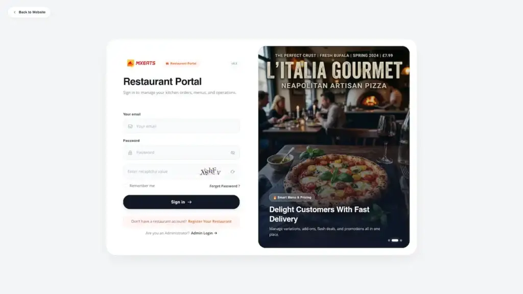 ChowNow Clone 67 UberEats Clone Restaurant Portal Login showing restaurant email, password, captcha, demo credentials and sign-in controls