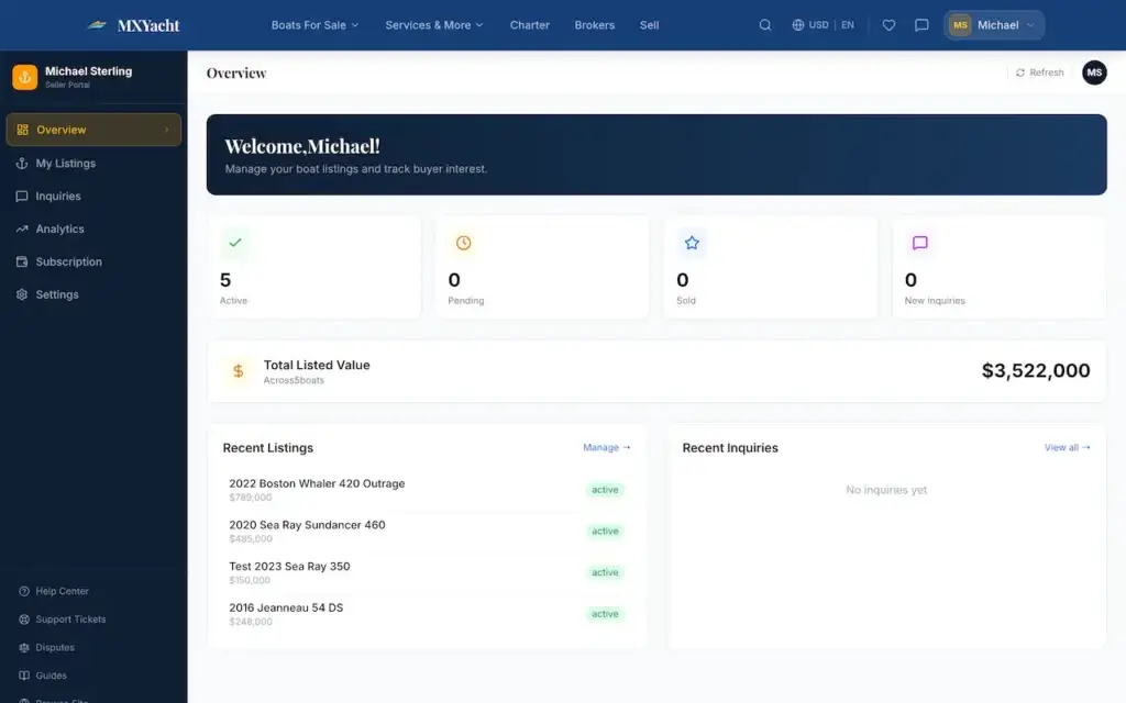 White Label Yacht Marketplace 61 YachtWorld clone seller dashboard with listing status, inquiries, portfolio value and recent activity