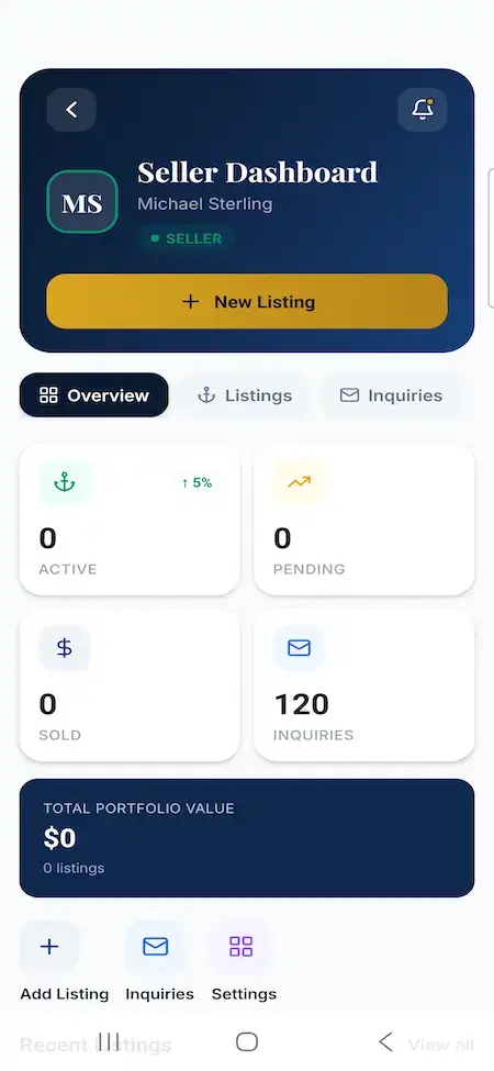 White Label Yacht Marketplace 33 YachtWorld clone seller mobile dashboard showing active, pending and sold listings, inquiries and portfolio value