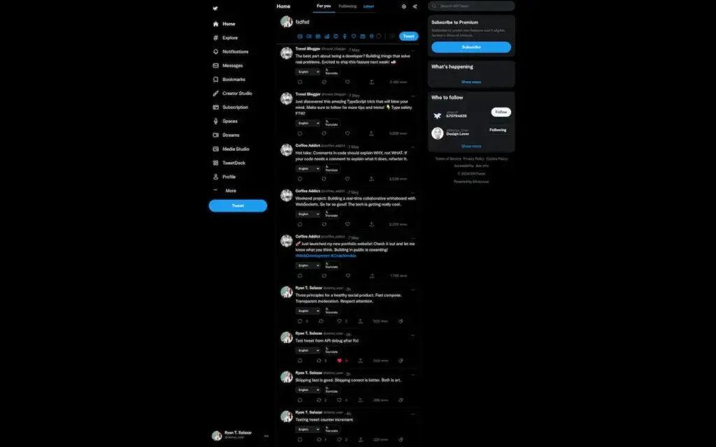 X Clone 37 Twitter Clone Desktop Home Feed showing dark desktop timeline with navigation, central post feed and discovery sidebar