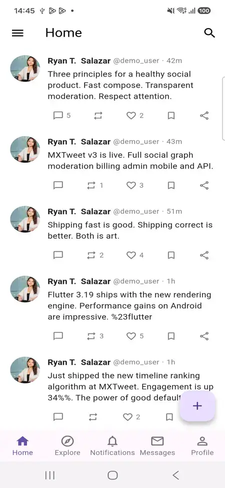 X Clone 24 Twitter Clone Mobile Home Feed showing a chronological social feed with posts, engagement actions and bottom navigation
