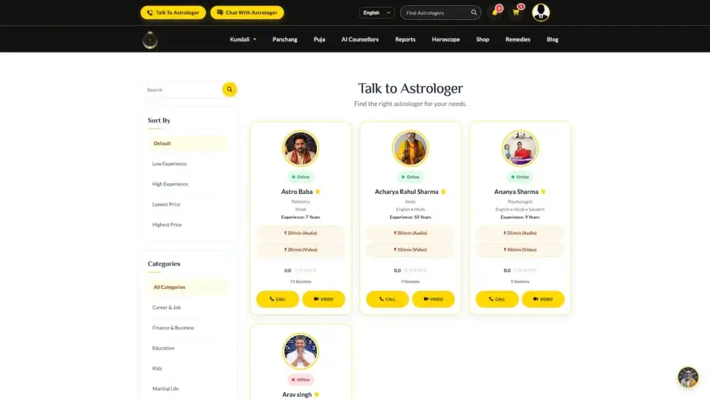 AstroSage Clone 50 Astrotalk Clone talk-to-astrologer listing screen with astrologer profiles, expertise, ratings, availability and chat or call actions