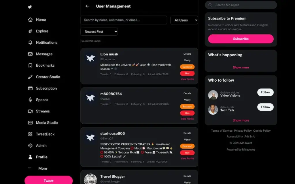 X Clone 29 Twitter Clone Admin User Management showing searchable user accounts with roles, verification, status and moderation actions