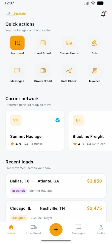 White Label Load Board Software 43 DAT load board broker mobile insights with quick actions, carrier network, and recent loads