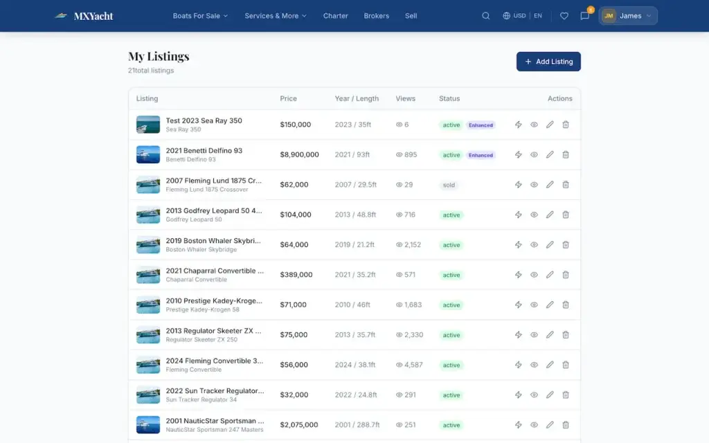 White Label Yacht Marketplace 65 YachtWorld clone dealer listings table with yacht inventory, prices, status and actions