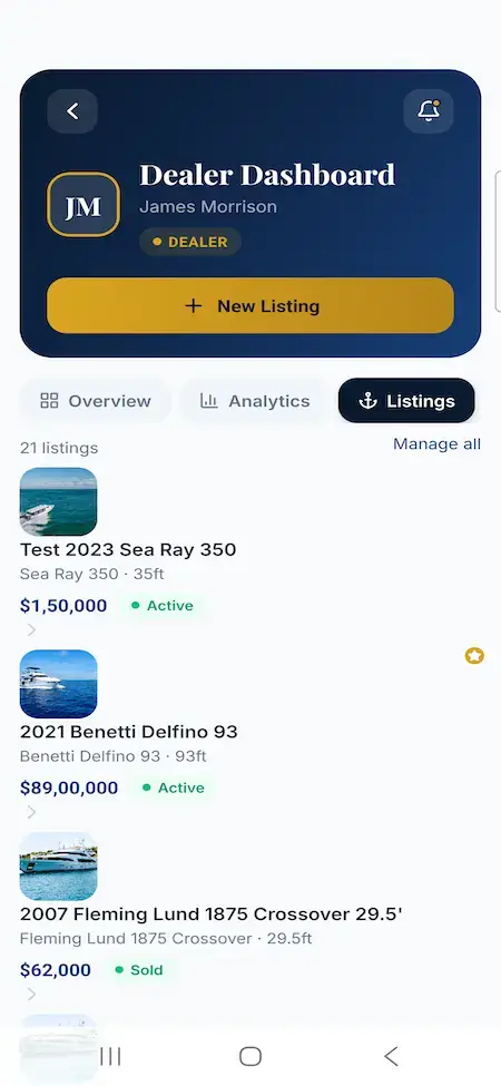White Label Yacht Marketplace 43 YachtWorld clone dealer mobile listings screen with yacht cards, prices and listing status