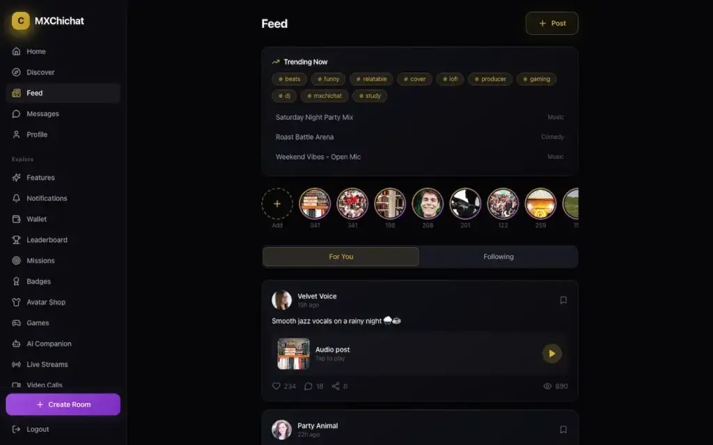 ChillChat web feed with trending topics, live audio rooms, and member posts