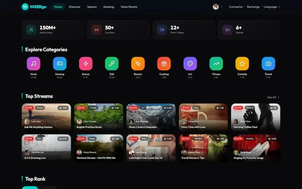 White Label Live Streaming App 29 Bigo Live clone web home with live categories, top streams, rankings, and creator discovery