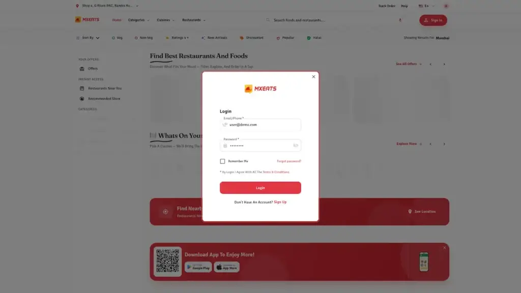ChowNow Clone 58 UberEats Clone Customer Desktop Login showing a modal login form over the food-delivery search page