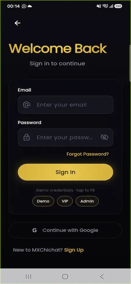 ChillChat mobile login with email, password, social sign-in, and registration