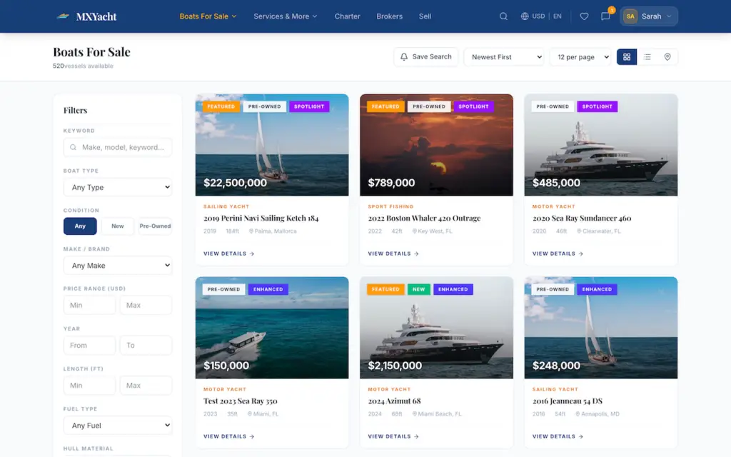 White Label Yacht Marketplace 54 YachtWorld clone desktop boats for sale results with filters, listing grid, prices and badges