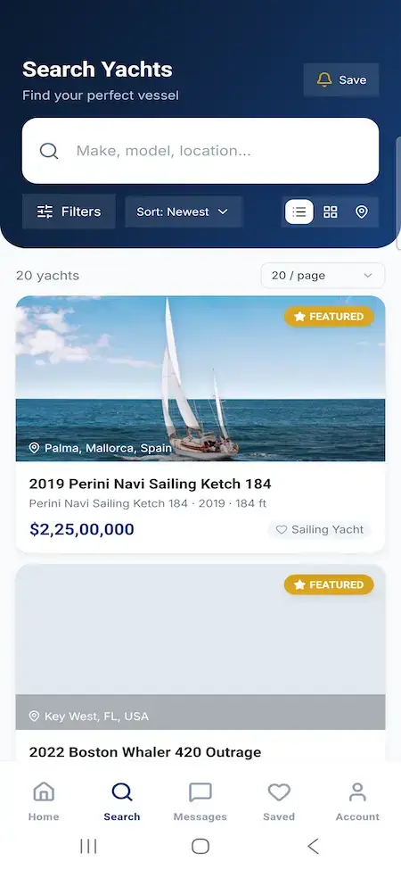 White Label Yacht Marketplace 22 YachtWorld clone buyer mobile search results with filters, yacht cards, prices and status badges