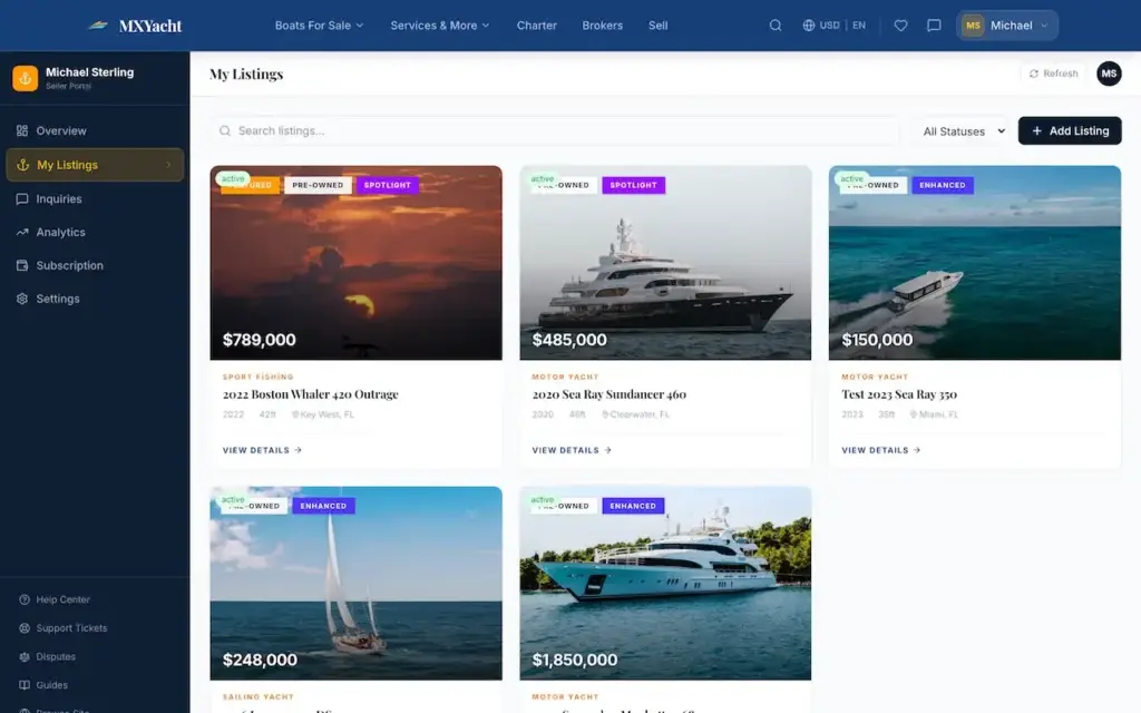 White Label Yacht Marketplace 60 YachtWorld clone seller desktop listings grid with yacht cards, prices and publication status