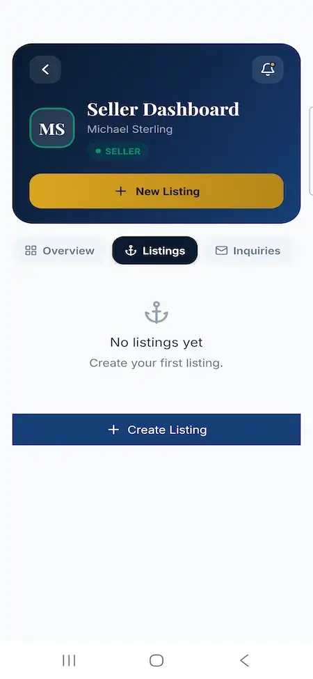 White Label Yacht Marketplace 32 YachtWorld clone seller mobile listings empty state with a create listing action