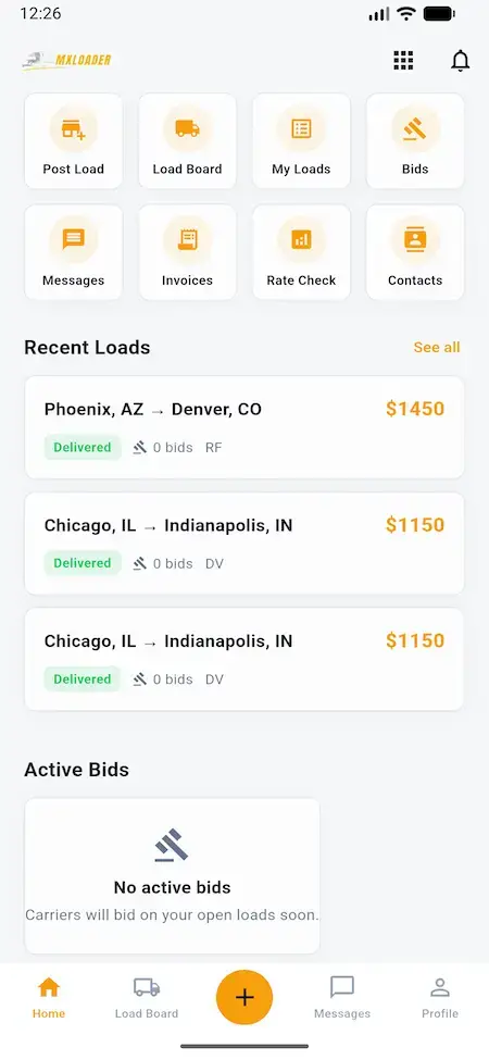 White Label Load Board Software 23 DAT load board shipper mobile insights with quick actions, recent loads, and active bids