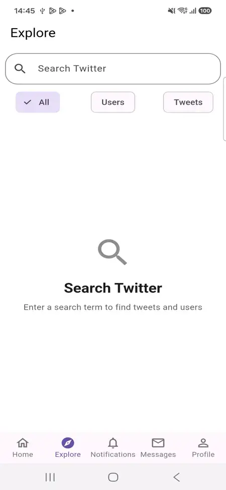 X Clone 23 Twitter Clone Mobile Explore Search showing search field and filters for accounts and social posts