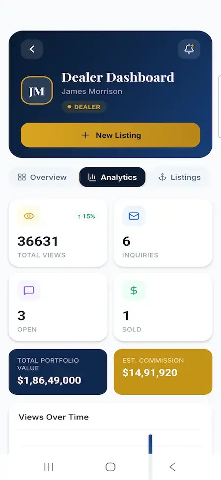 White Label Yacht Marketplace 42 YachtWorld clone dealer mobile analytics showing views, inquiries, sold boats, portfolio value and commission