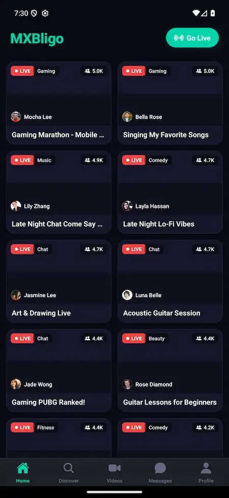 White Label Live Streaming App 22 Bigo Live clone mobile home with live rooms, creator cards, viewer counts, and categories