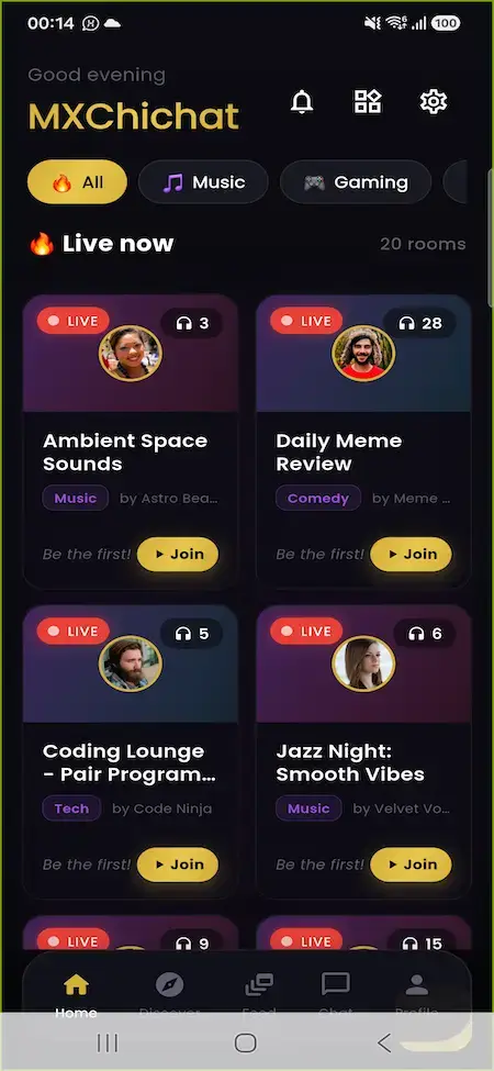ChillChat mobile home showing live audio rooms by category