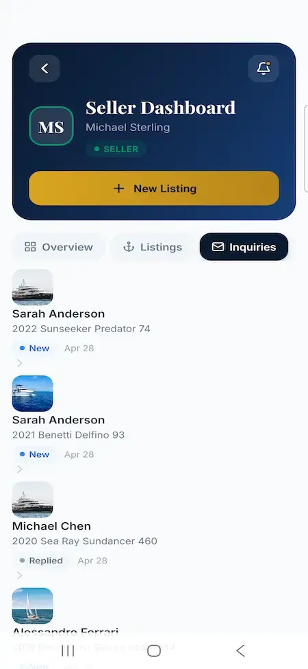 White Label Yacht Marketplace 31 YachtWorld clone seller mobile inquiry list showing buyers, yachts and response status