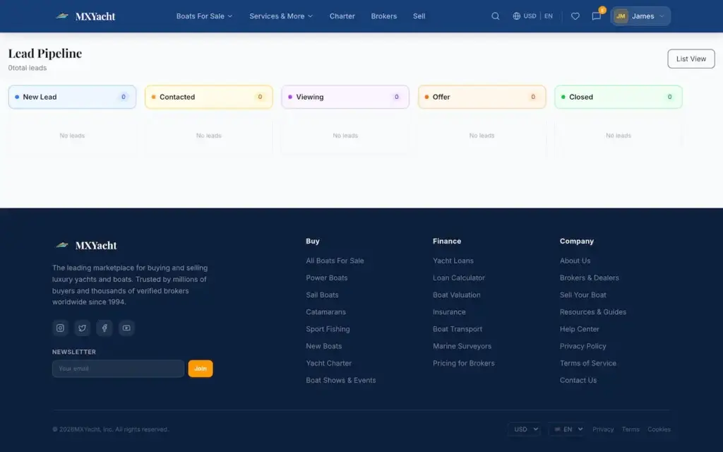White Label Yacht Marketplace 66 YachtWorld clone dealer lead pipeline with New Lead, Contacted, Viewing, Offer and Closed stages