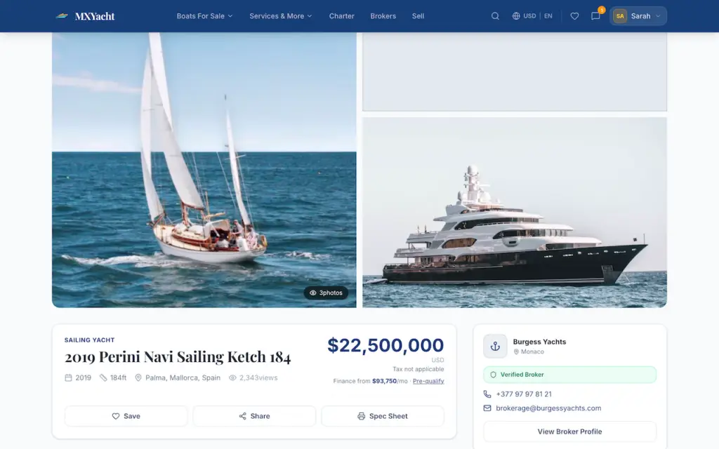 White Label Yacht Marketplace 53 YachtWorld clone desktop yacht detail page with photo gallery, price, specifications and broker contact