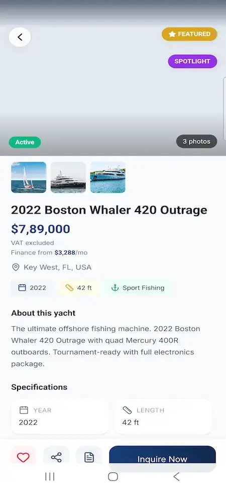White Label Yacht Marketplace 21 YachtWorld clone mobile yacht detail page with gallery, price, specifications, broker contact and inquiry actions
