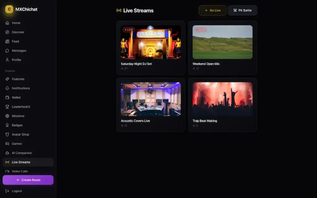 ChillChat live streams directory with gaming, nature, concert, and event rooms