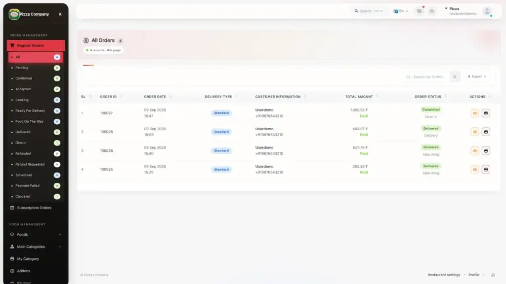 ChowNow Clone 65 UberEats Clone Restaurant Desktop Orders showing order records with customer, payment, amount, status and actions