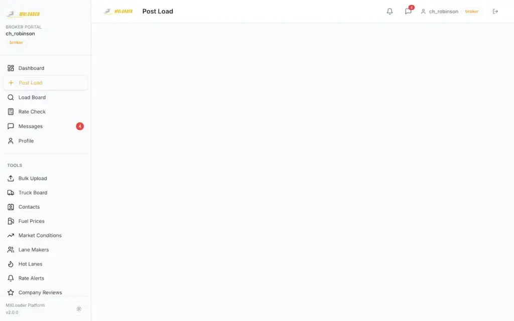White Label Load Board Software 69 DAT load board broker post-load form for route, equipment, weight, rate, and delivery details