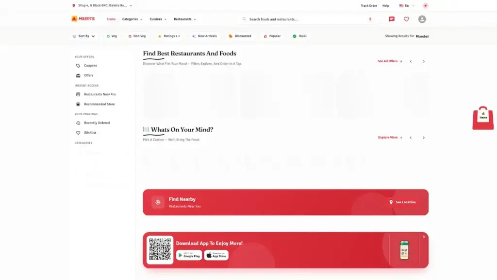 ChowNow Clone 57 UberEats Clone Logged-In Store Home showing customer navigation, address tools, cuisine filters and restaurant search
