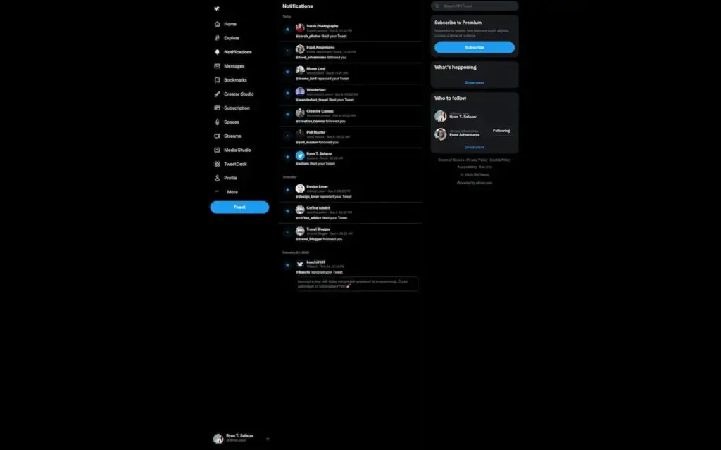 X Clone 36 Twitter Clone Desktop Notifications showing activity alerts for follows, likes and interactions beside the main navigation