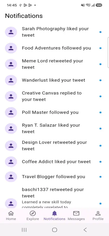 X Clone 22 Twitter Clone Mobile Notifications showing likes, follows and post-interaction alerts with unread indicators