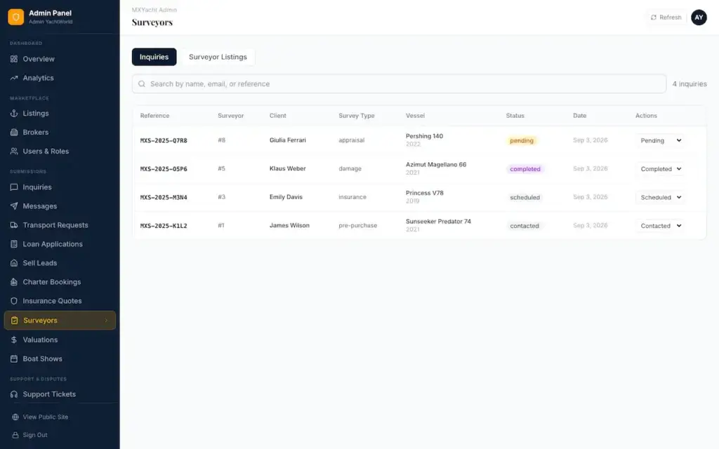 White Label Yacht Marketplace 46 YachtWorld clone admin surveyor screen listing references, clients, survey types, vessels and status